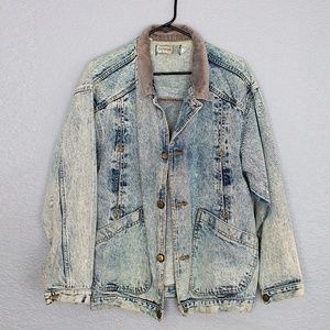 Distressed Brand Denim Jacket Corduroy Collar Sz L